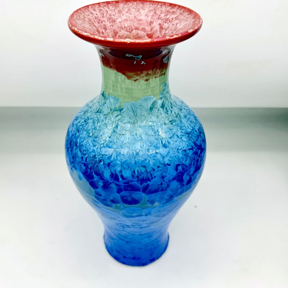 Jingdezhen Home Vase‎ 12in Ceramic Crystalline Glaze Blue Red Flared